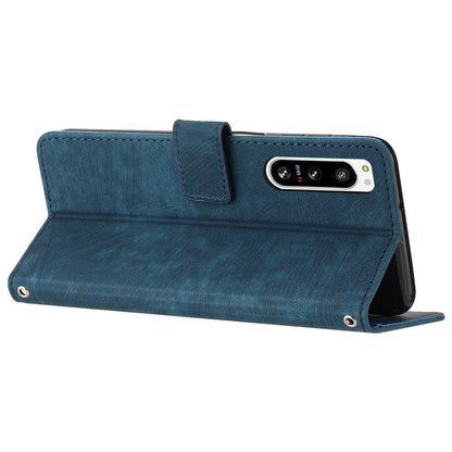 For Sony Xperia 5 IV 5G Lines Imprint Phone Case PU Leather Wallet Stand Anti-drop Cover with Shoulder+Wrist Strap