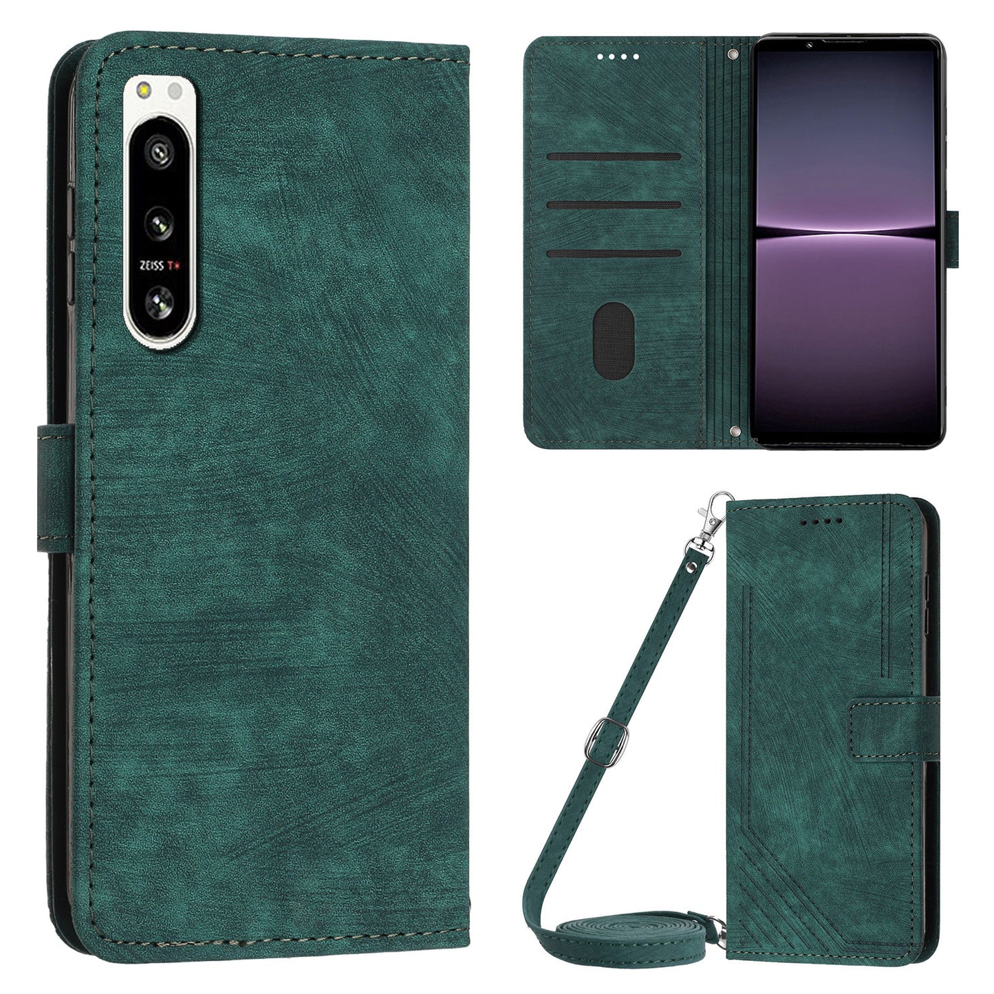 For Sony Xperia 5 IV 5G Lines Imprint Phone Case PU Leather Wallet Stand Anti-drop Cover with Shoulder+Wrist Strap