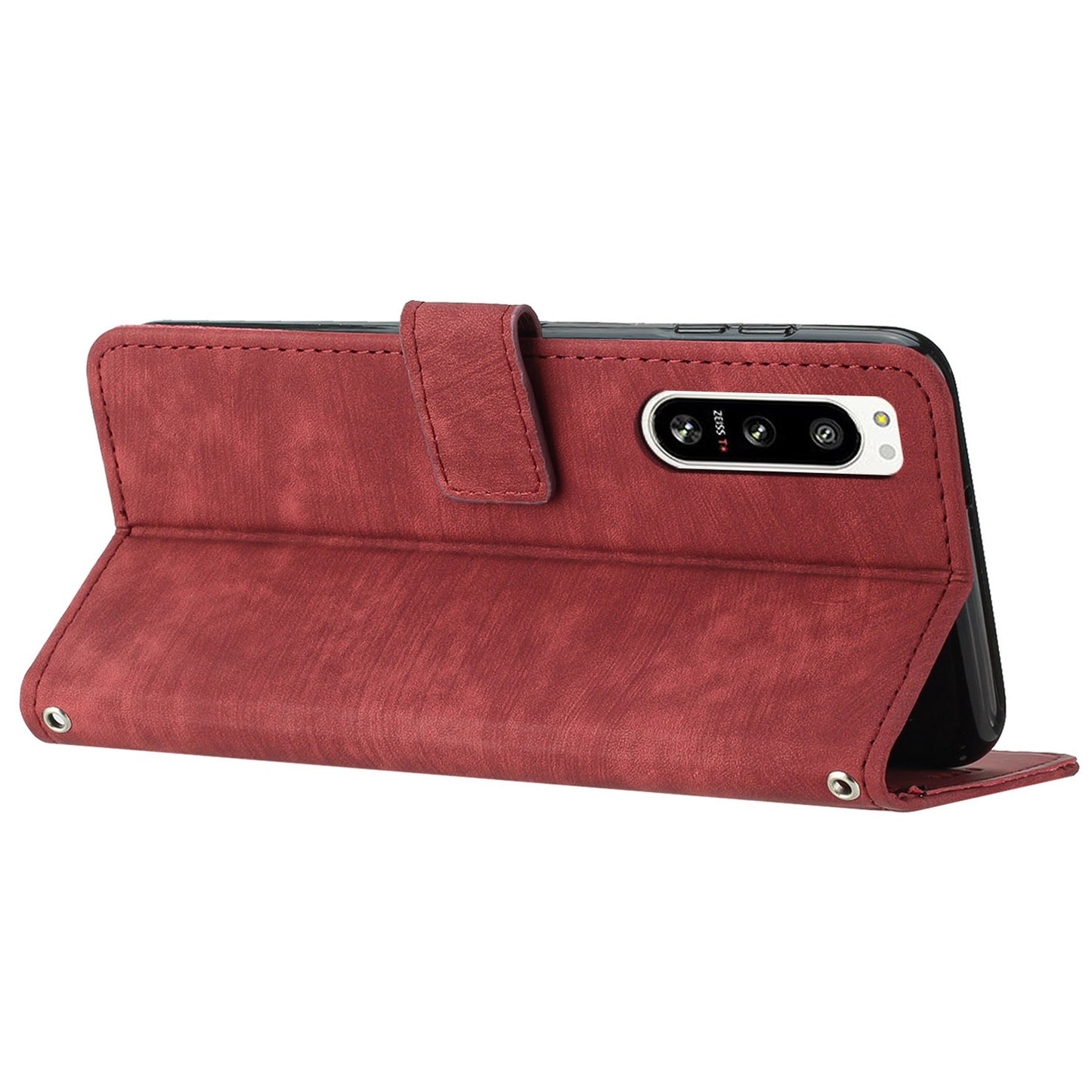 For Sony Xperia 5 IV 5G Lines Imprint Phone Case PU Leather Wallet Stand Anti-drop Cover with Shoulder+Wrist Strap