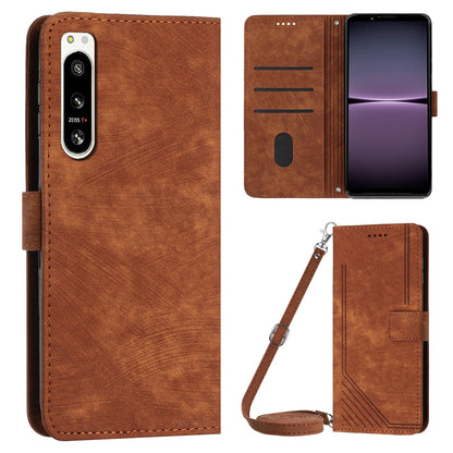 For Sony Xperia 5 IV 5G Lines Imprint Phone Case PU Leather Wallet Stand Anti-drop Cover with Shoulder+Wrist Strap