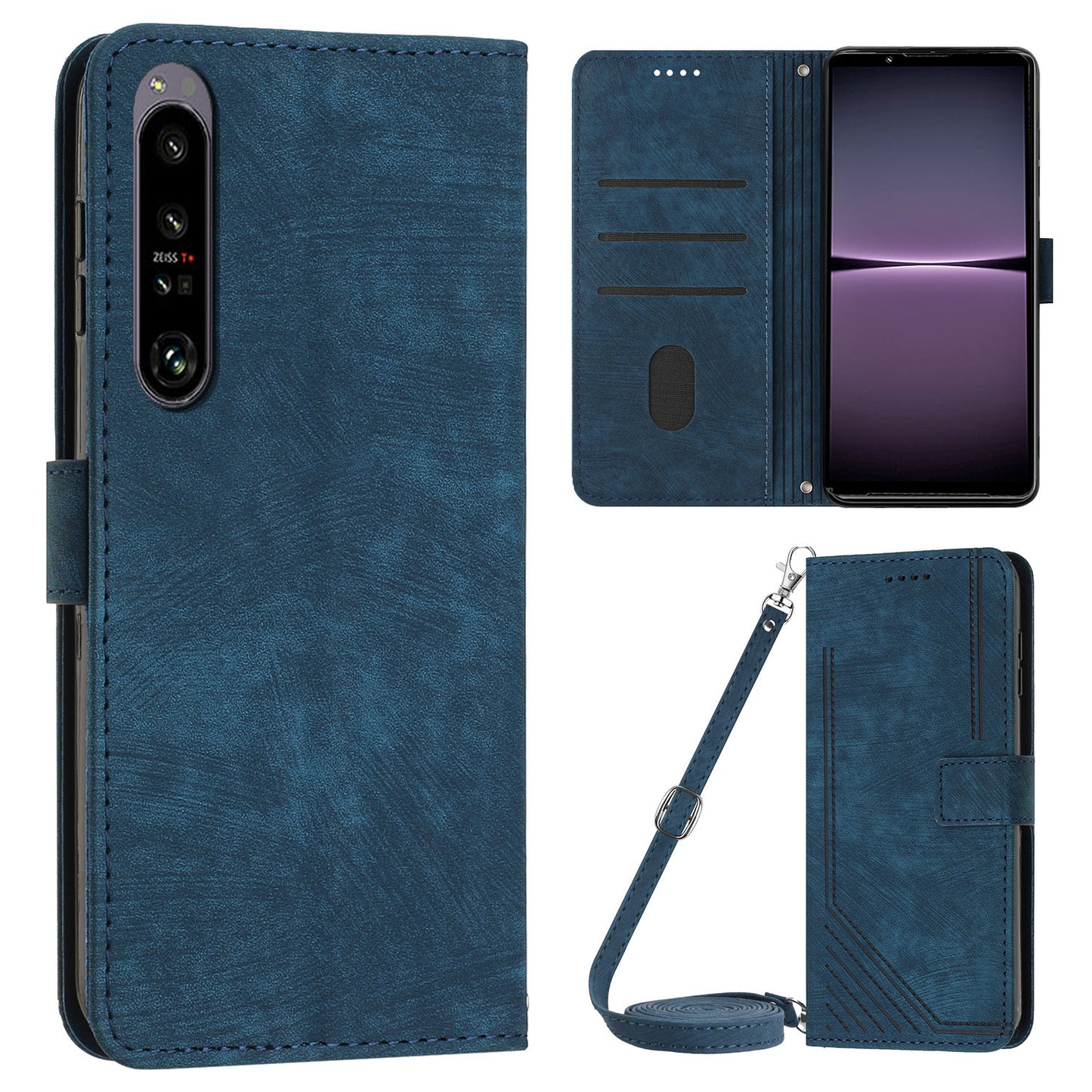 For Sony Xperia 1 IV 5G PU Leather Wallet Case Lines Imprinted Stand Shockproof Cover with 2 Straps