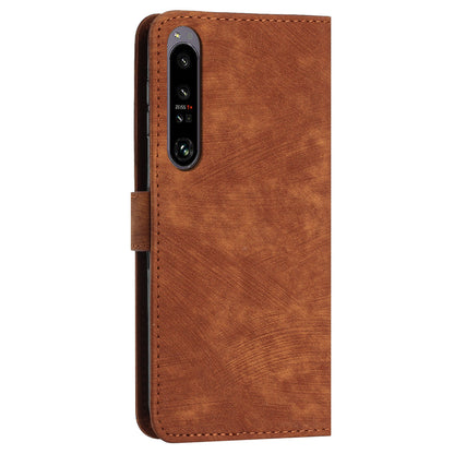 For Sony Xperia 1 IV 5G PU Leather Wallet Case Lines Imprinted Stand Shockproof Cover with 2 Straps