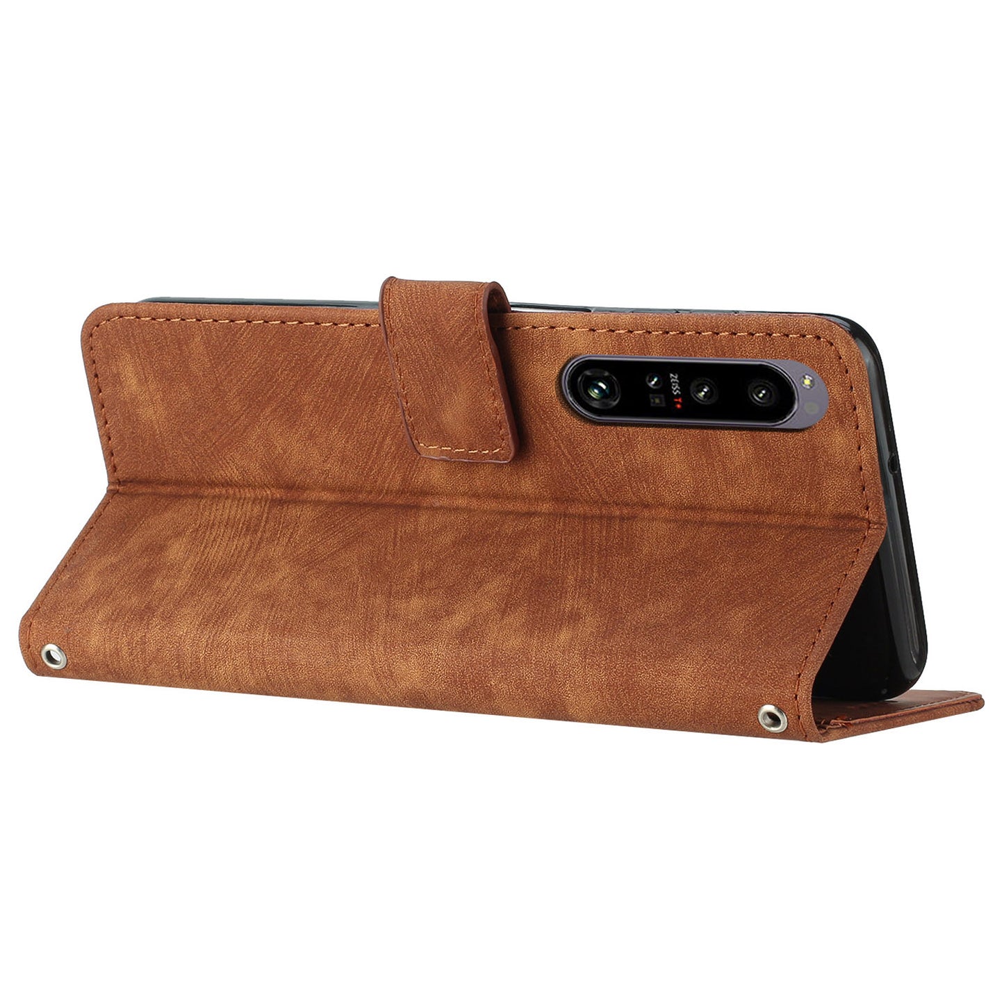 For Sony Xperia 1 IV 5G PU Leather Wallet Case Lines Imprinted Stand Shockproof Cover with 2 Straps