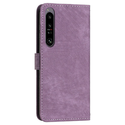For Sony Xperia 1 IV 5G PU Leather Wallet Case Lines Imprinted Stand Shockproof Cover with 2 Straps