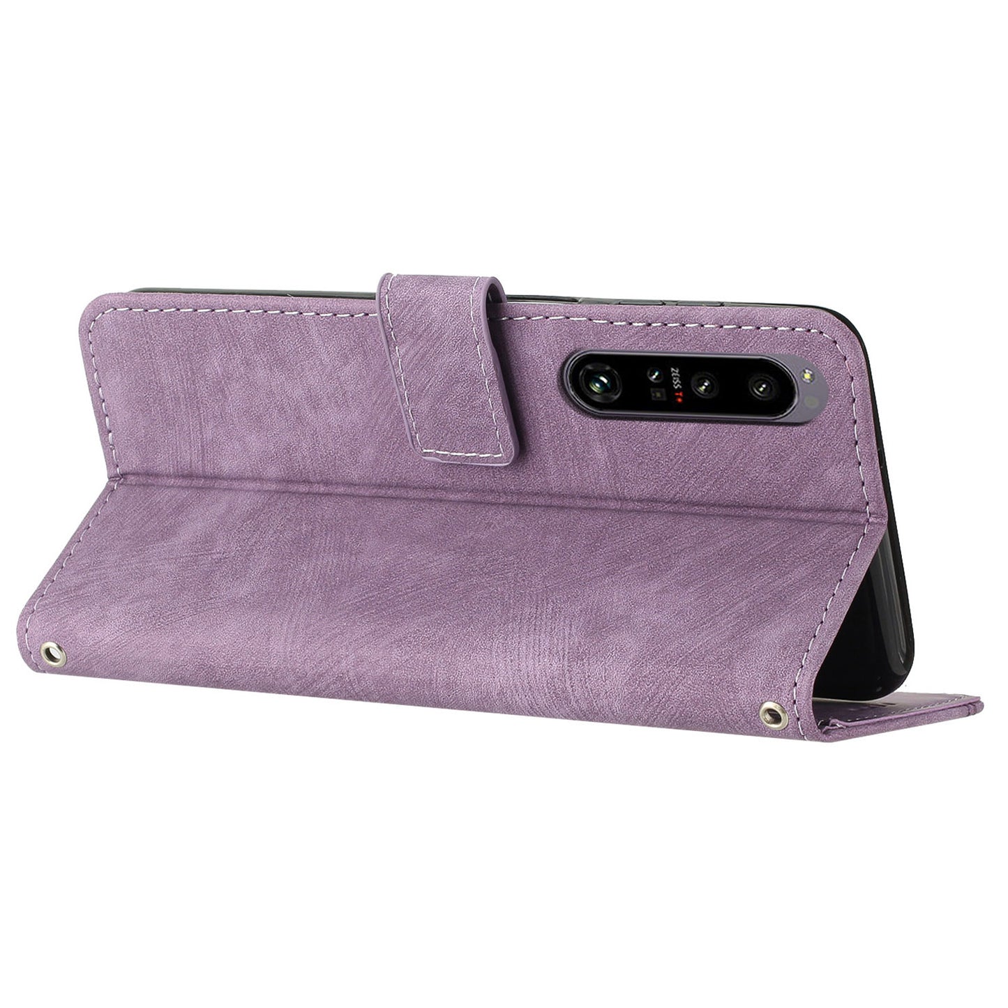 For Sony Xperia 1 IV 5G PU Leather Wallet Case Lines Imprinted Stand Shockproof Cover with 2 Straps