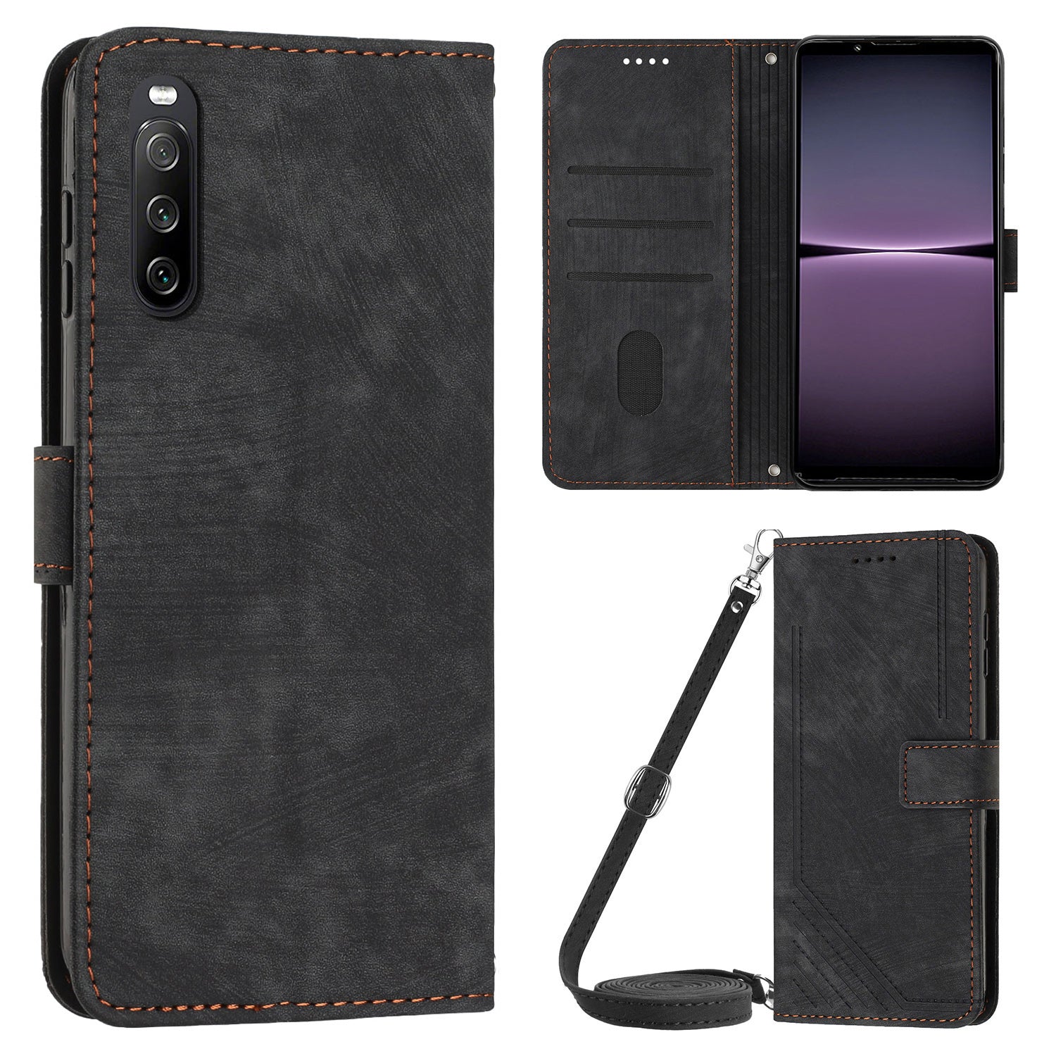 For Sony Xperia 10 IV 5G PU Leather Stand Phone Case Lines Imprint Wallet Cover with Short+Long Strap