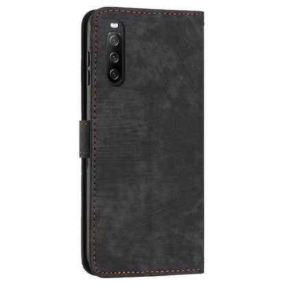 For Sony Xperia 10 IV 5G PU Leather Stand Phone Case Lines Imprint Wallet Cover with Short+Long Strap