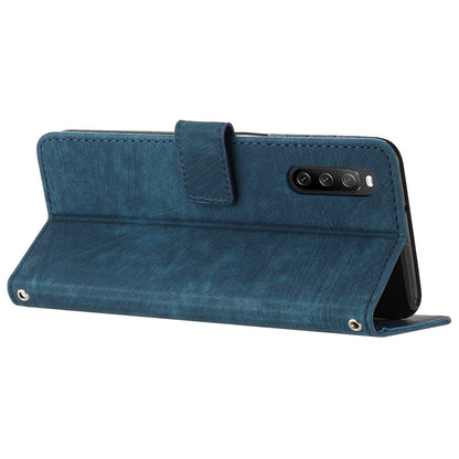 For Sony Xperia 10 IV 5G PU Leather Stand Phone Case Lines Imprint Wallet Cover with Short+Long Strap