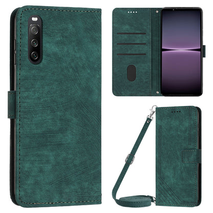 For Sony Xperia 10 IV 5G PU Leather Stand Phone Case Lines Imprint Wallet Cover with Short+Long Strap