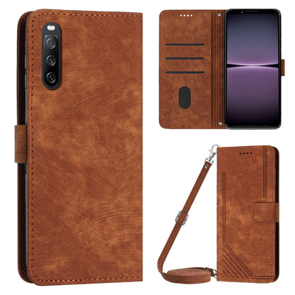 For Sony Xperia 10 IV 5G PU Leather Stand Phone Case Lines Imprint Wallet Cover with Short+Long Strap