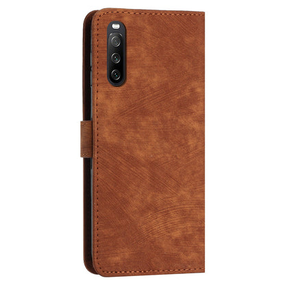 For Sony Xperia 10 IV 5G PU Leather Stand Phone Case Lines Imprint Wallet Cover with Short+Long Strap