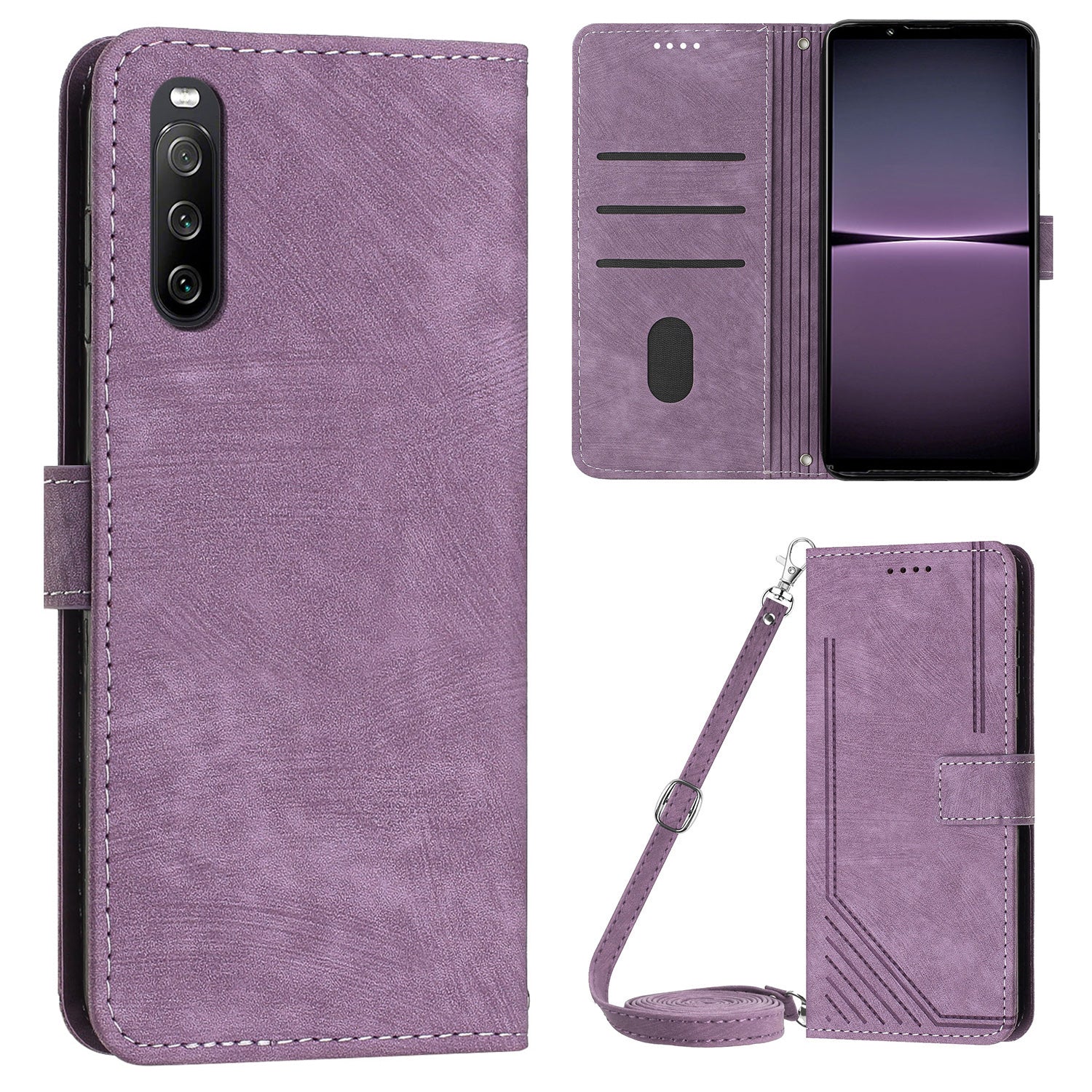 For Sony Xperia 10 IV 5G PU Leather Stand Phone Case Lines Imprint Wallet Cover with Short+Long Strap