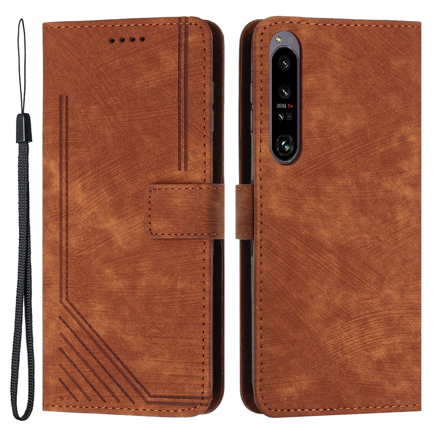 For Sony Xperia 1 IV 5G Skin-touch Leather Wallet Shockproof Shell Lines Imprint Phone Case with Stand
