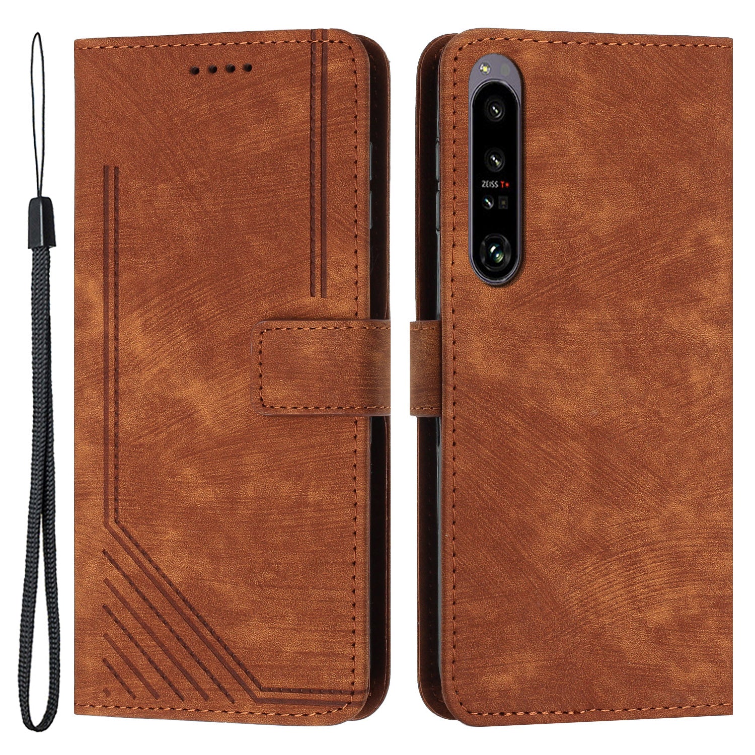 For Sony Xperia 1 IV 5G Skin-touch Leather Wallet Shockproof Shell Lines Imprint Phone Case with Stand