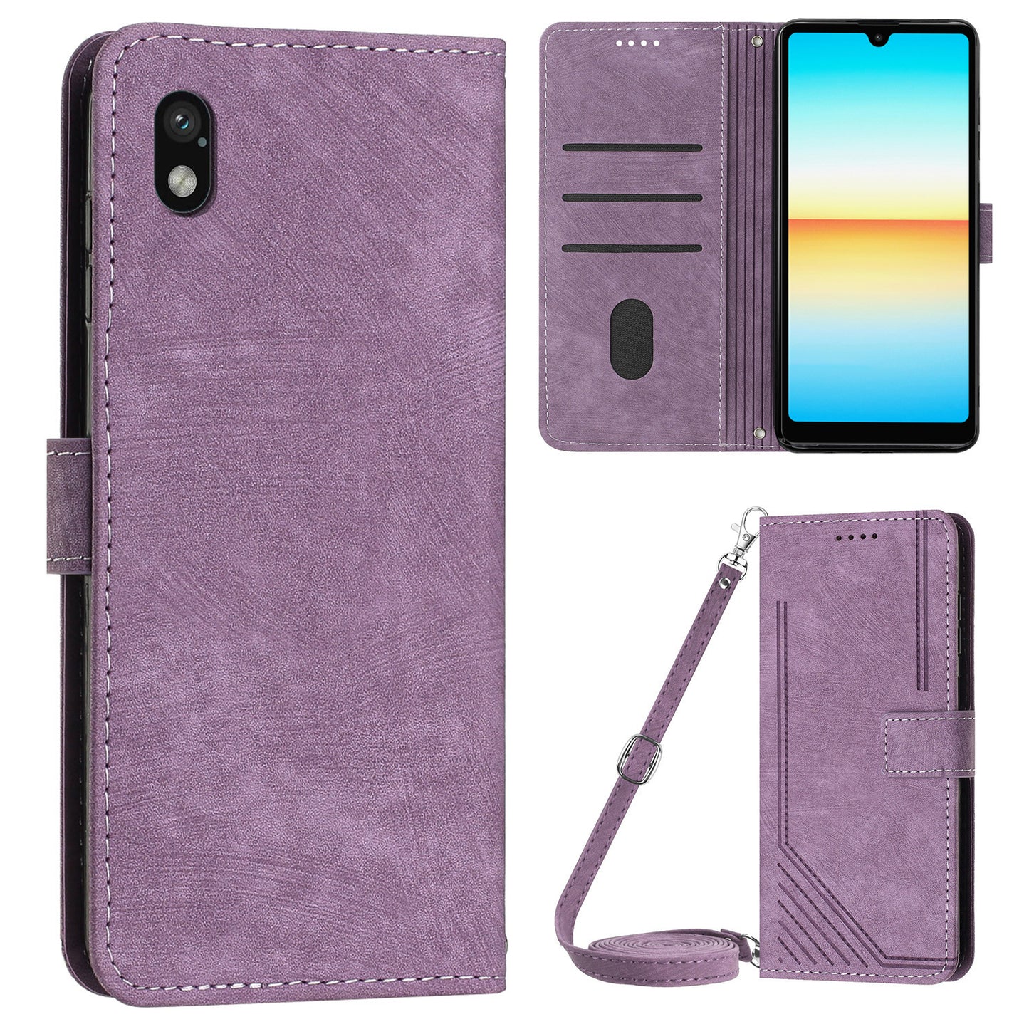 For Sony Xperia Ace III PU Leather Case Wallet Lines Imprinted Folio Stand Phone Cover with Shoulder Strap