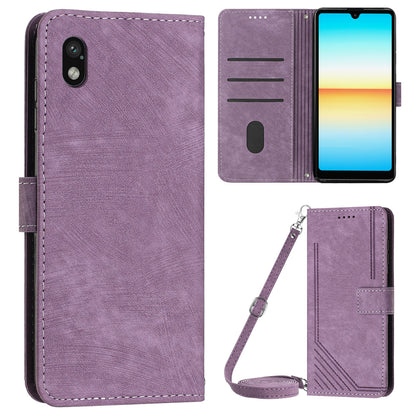 For Sony Xperia Ace III PU Leather Case Wallet Lines Imprinted Folio Stand Phone Cover with Shoulder Strap