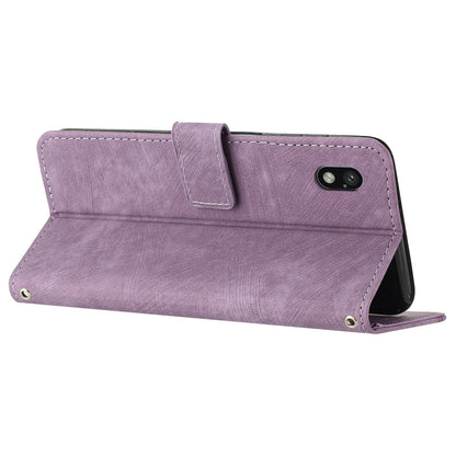 For Sony Xperia Ace III PU Leather Case Wallet Lines Imprinted Folio Stand Phone Cover with Shoulder Strap