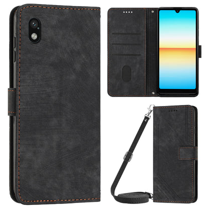 For Sony Xperia Ace III PU Leather Case Wallet Lines Imprinted Folio Stand Phone Cover with Shoulder Strap