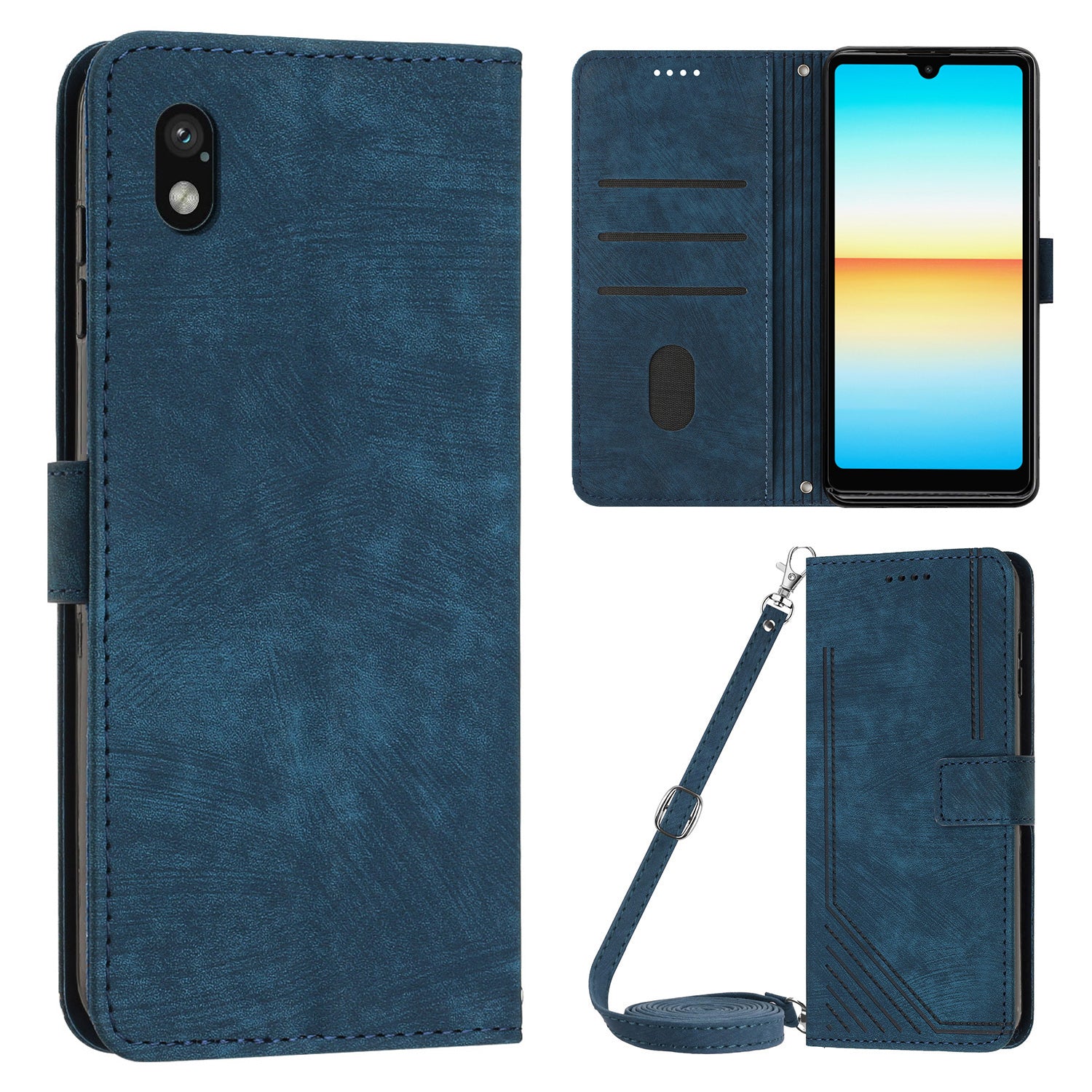 For Sony Xperia Ace III PU Leather Case Wallet Lines Imprinted Folio Stand Phone Cover with Shoulder Strap