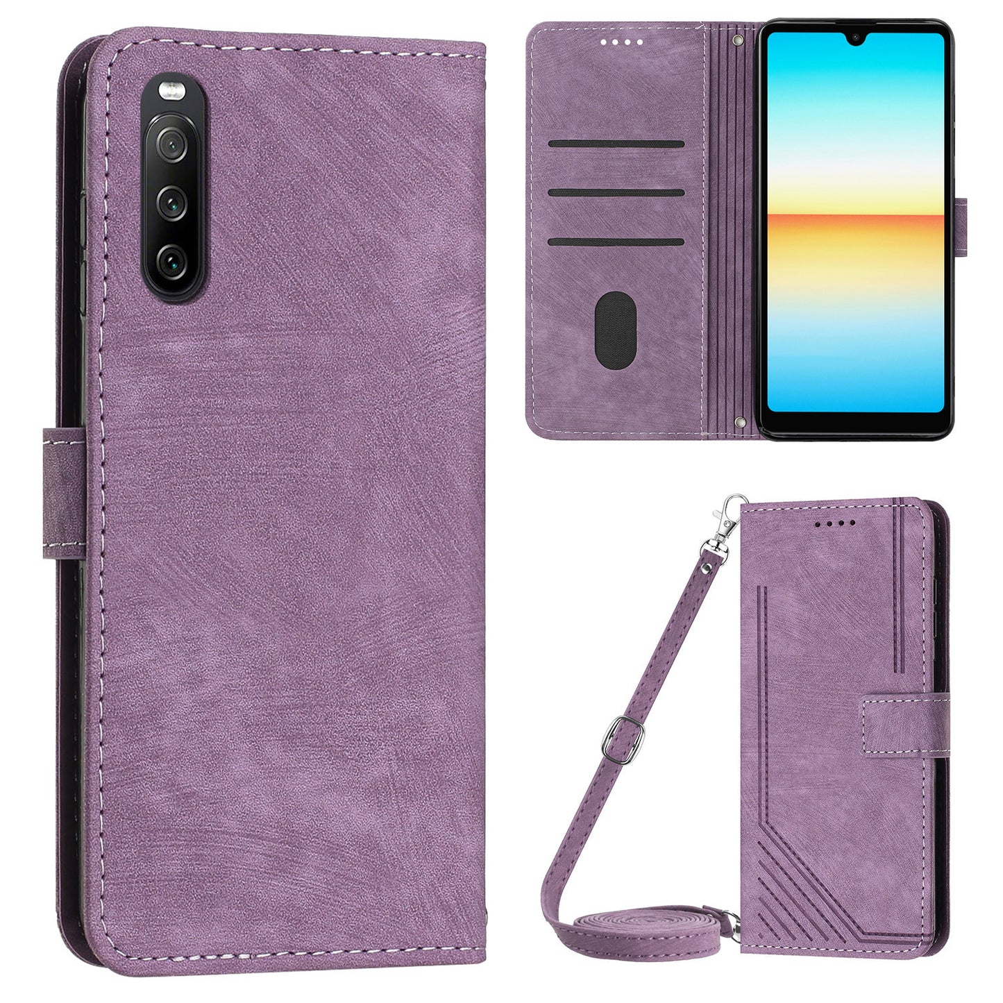 For Sony Xperia 10 V Wallet Phone Case PU Leather Lines Imprinted Stand Shoulder Strap Flip Cover