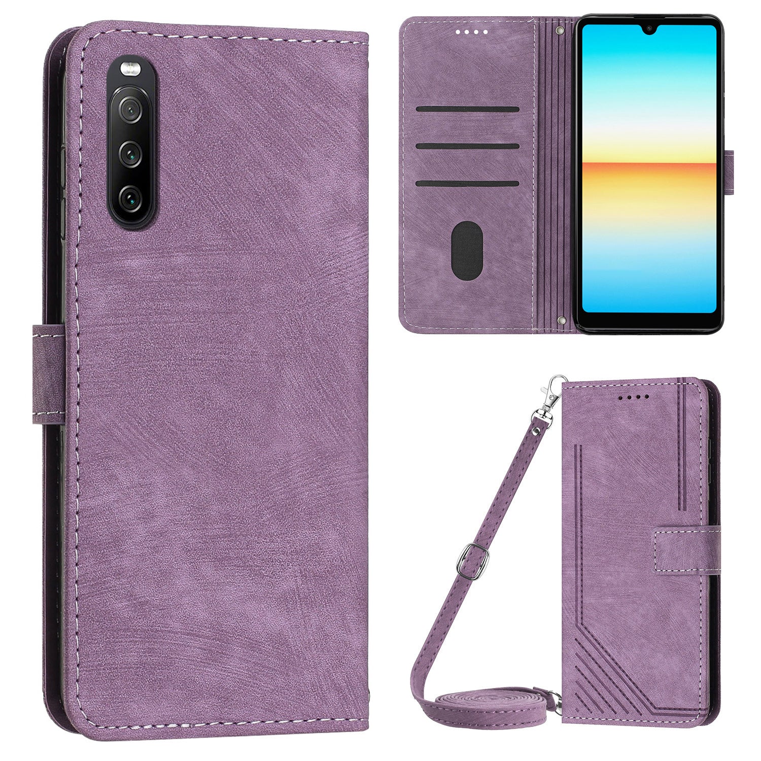 For Sony Xperia 10 V Wallet Phone Case PU Leather Lines Imprinted Stand Shoulder Strap Flip Cover