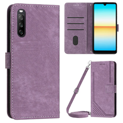 For Sony Xperia 10 V Wallet Phone Case PU Leather Lines Imprinted Stand Shoulder Strap Flip Cover