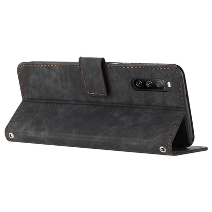 For Sony Xperia 10 V Wallet Phone Case PU Leather Lines Imprinted Stand Shoulder Strap Flip Cover