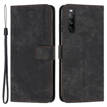 For Sony Xperia 10 V Lines Imprint Full Protection Stand Cover Skin-touch Leather Wallet Phone Case