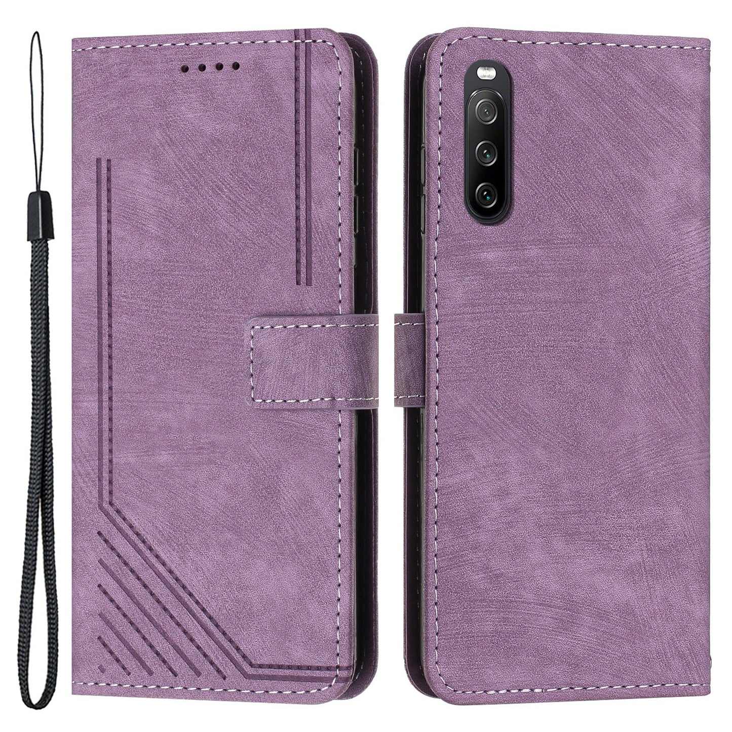 For Sony Xperia 10 V Lines Imprint Full Protection Stand Cover Skin-touch Leather Wallet Phone Case