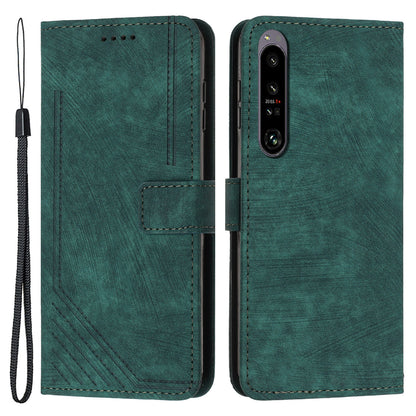 For Sony Xperia 1 V 2023 Lines Imprint Leather Wallet Anti-drop Shell Skin-touch Flip Stand Mobile Case