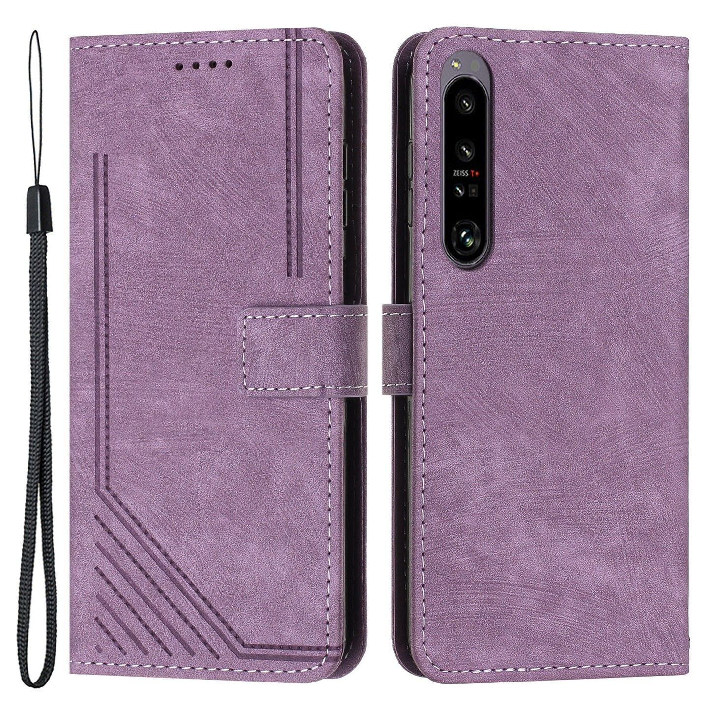 For Sony Xperia 1 V 2023 Lines Imprint Leather Wallet Anti-drop Shell Skin-touch Flip Stand Mobile Case