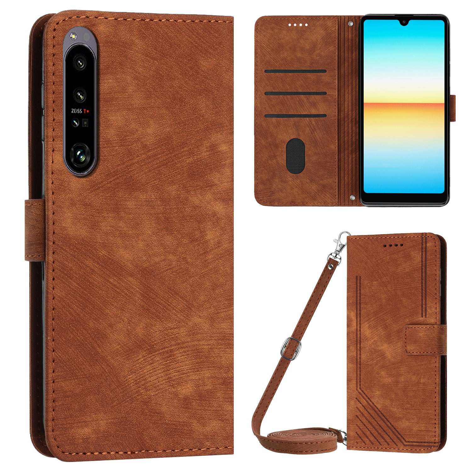 For Sony Xperia 1 V PU Leather Flip Protective Cover Lines Imprinted Stand Wallet Phone Case