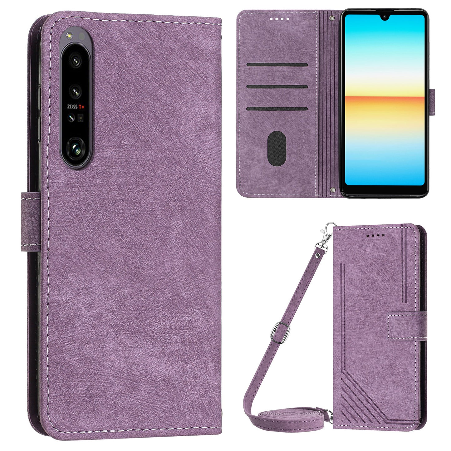 For Sony Xperia 1 V PU Leather Flip Protective Cover Lines Imprinted Stand Wallet Phone Case