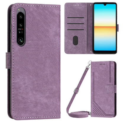 For Sony Xperia 1 V PU Leather Flip Protective Cover Lines Imprinted Stand Wallet Phone Case