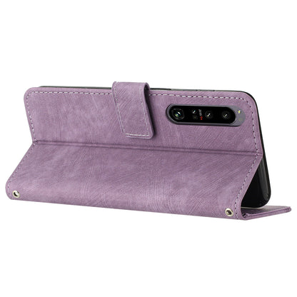 For Sony Xperia 1 V PU Leather Flip Protective Cover Lines Imprinted Stand Wallet Phone Case
