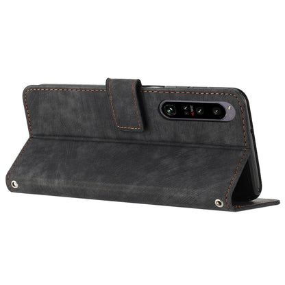 For Sony Xperia 1 V PU Leather Flip Protective Cover Lines Imprinted Stand Wallet Phone Case