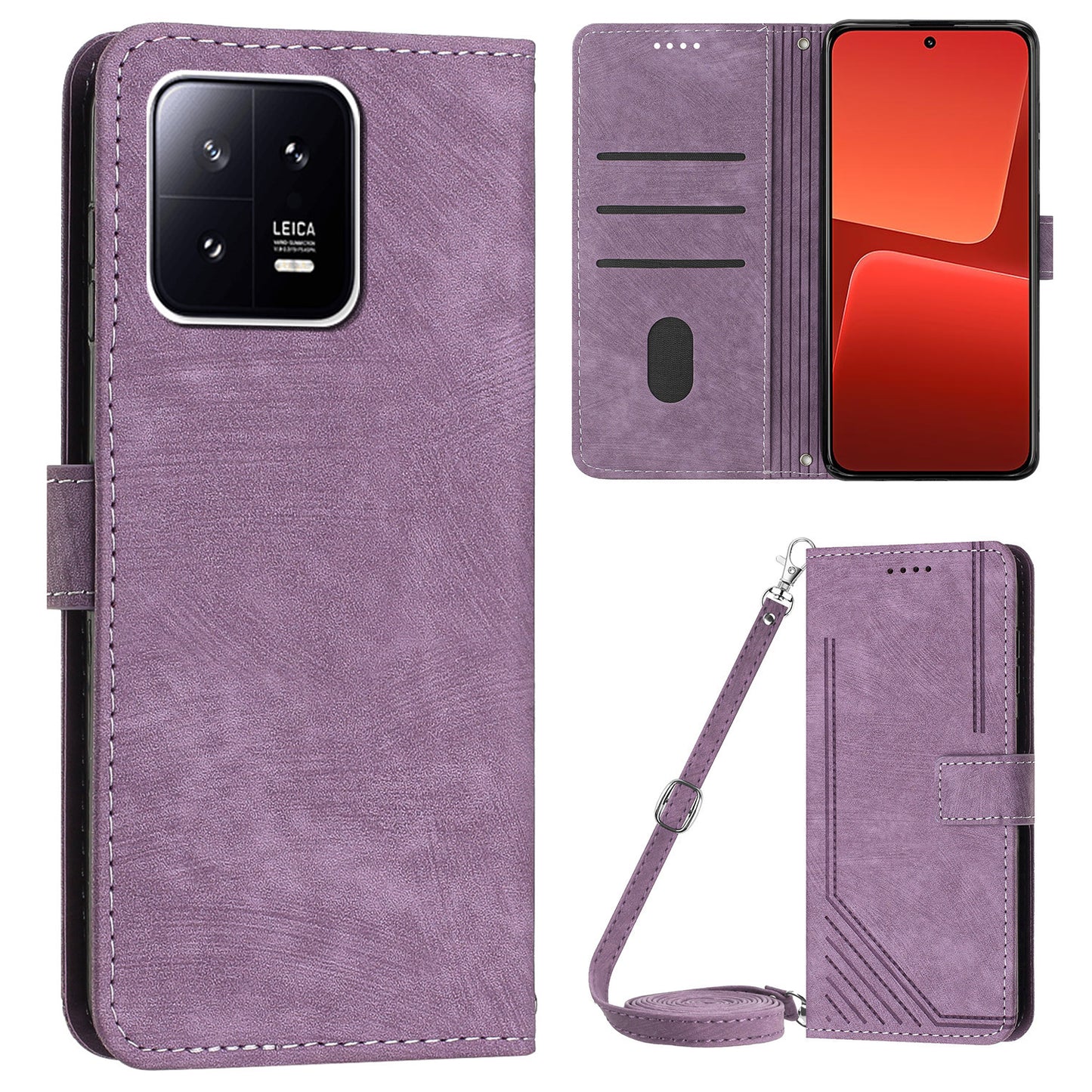 PU Leather Wallet Case for Xiaomi 13 5G , Lines Imprinted Stand Phone Cover with Shoulder Strap