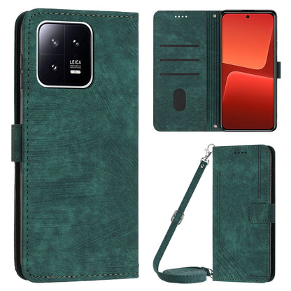 PU Leather Wallet Case for Xiaomi 13 5G , Lines Imprinted Stand Phone Cover with Shoulder Strap