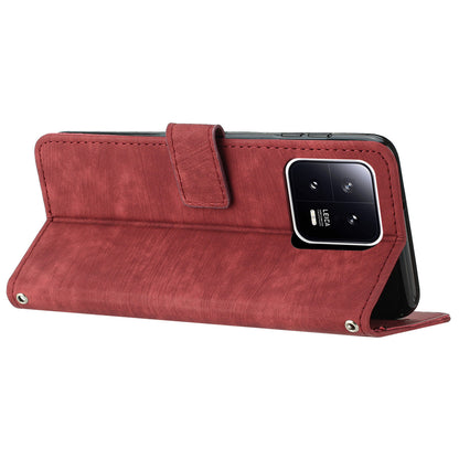 PU Leather Wallet Case for Xiaomi 13 5G , Lines Imprinted Stand Phone Cover with Shoulder Strap