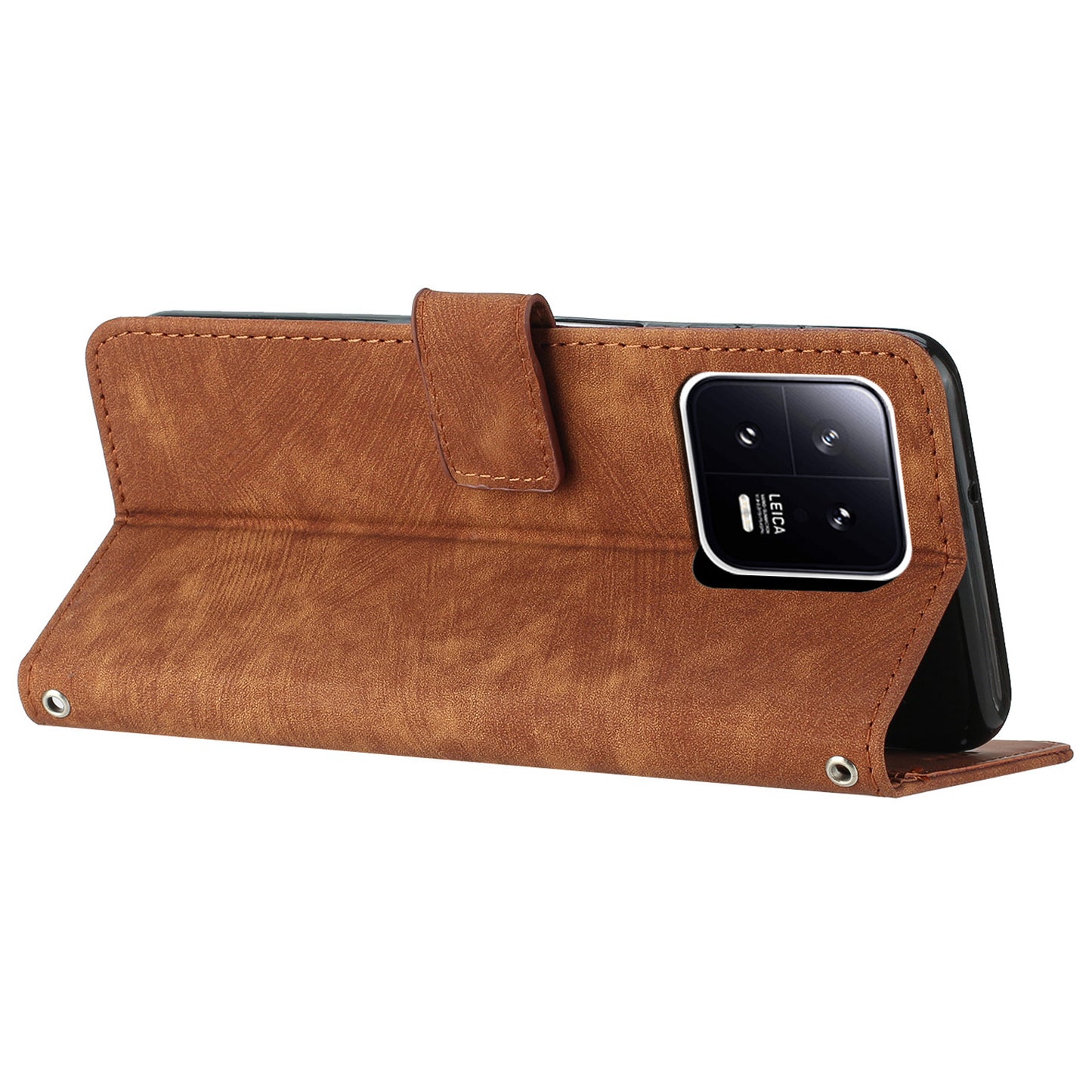 PU Leather Wallet Case for Xiaomi 13 5G , Lines Imprinted Stand Phone Cover with Shoulder Strap