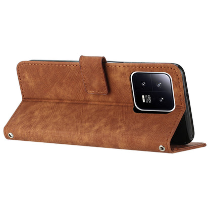 PU Leather Wallet Case for Xiaomi 13 5G , Lines Imprinted Stand Phone Cover with Shoulder Strap