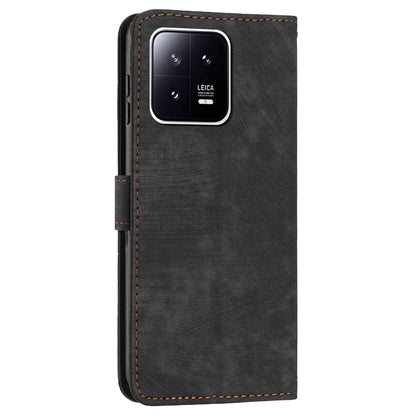 PU Leather Wallet Case for Xiaomi 13 5G , Lines Imprinted Stand Phone Cover with Shoulder Strap