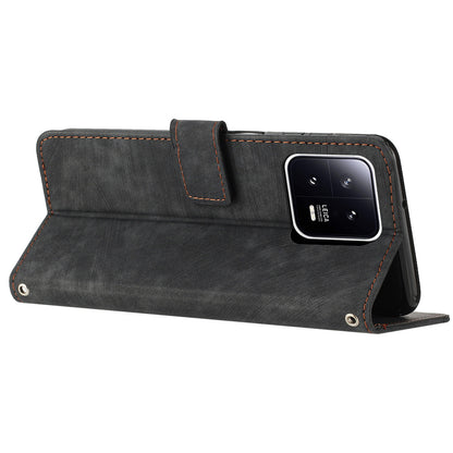 PU Leather Wallet Case for Xiaomi 13 5G , Lines Imprinted Stand Phone Cover with Shoulder Strap
