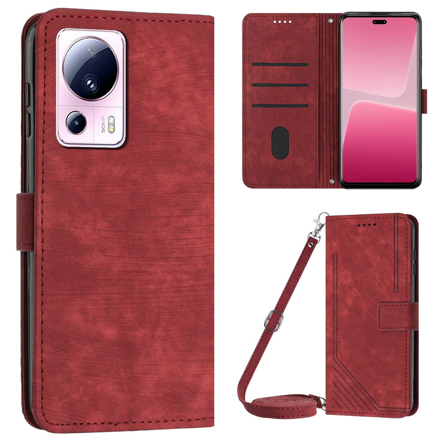 For Xiaomi 13 Lite / Civi 2 5G Wallet Case Skin-touch PU Leather Lines Imprinted Stand Flip Phone Cover