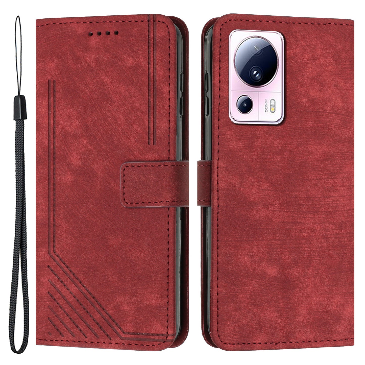 For Xiaomi 13 Lite / Civi 2 5G Skin-touch Leather Wallet Cover Lines Imprinted Flip Stand Phone Case