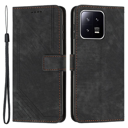 For Xiaomi 13 5G Skin-touch Leather Wallet Anti-drop Cover Lines Imprinted Folding Stand Phone Case