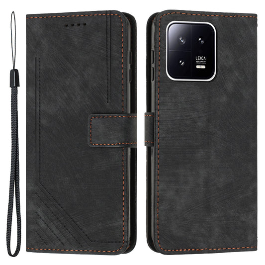For Xiaomi 13 5G Skin-touch Leather Wallet Anti-drop Cover Lines Imprinted Folding Stand Phone Case