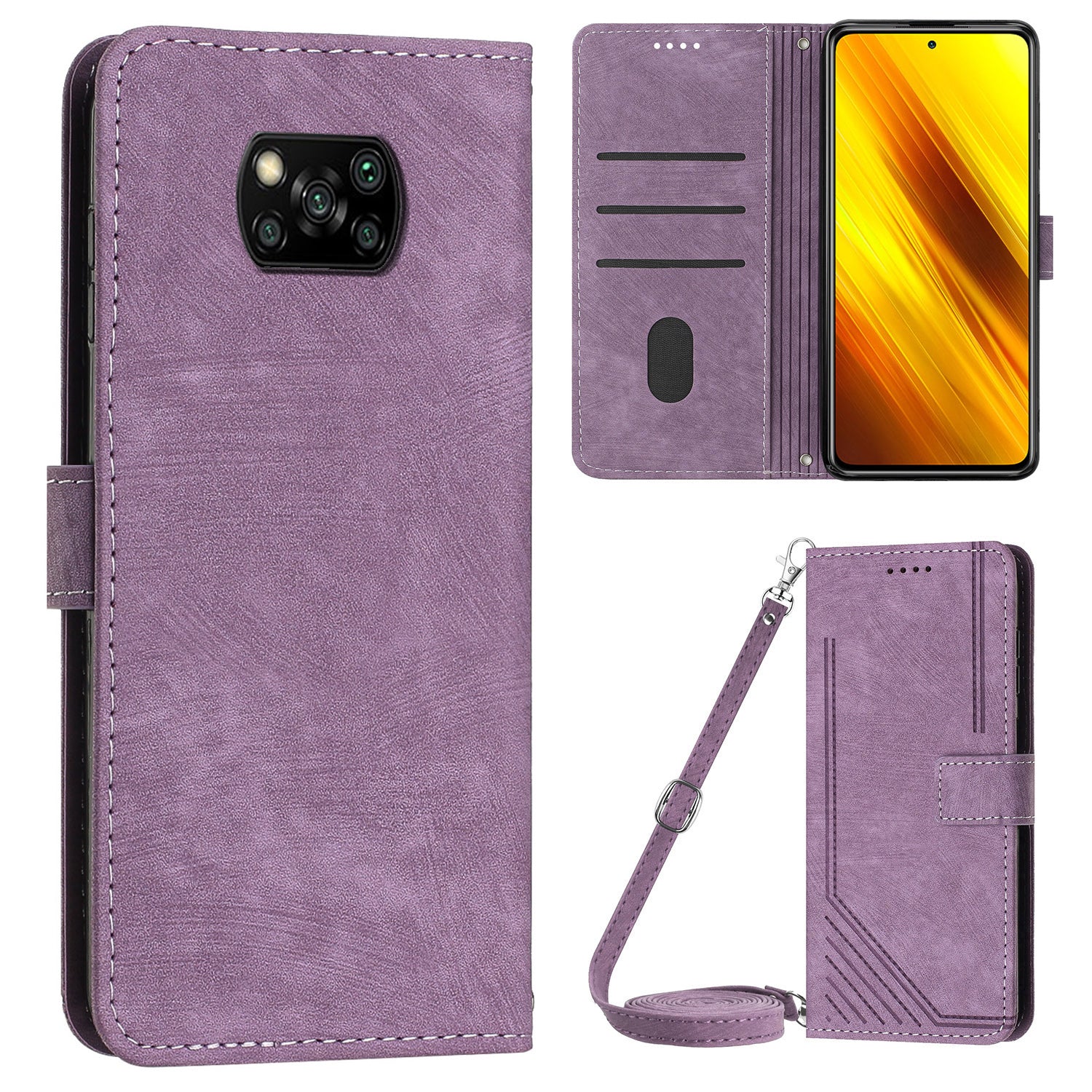 Wallet Phone Case for Xiaomi Poco X3 / X3 NFC / X3 Pro , PU Leather Lines Imprinted Flip Stand Phone Cover