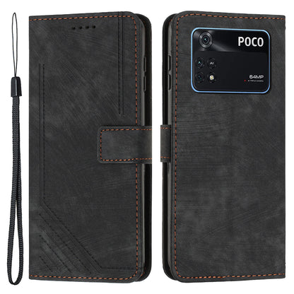 For Xiaomi Poco M4 Pro 4G Lines Imprinted Phone Case Skin-touch Leather Wallet Phone Cover with Stand
