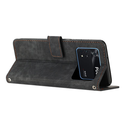 For Xiaomi Poco M4 Pro 4G Lines Imprinted Phone Case Skin-touch Leather Wallet Phone Cover with Stand